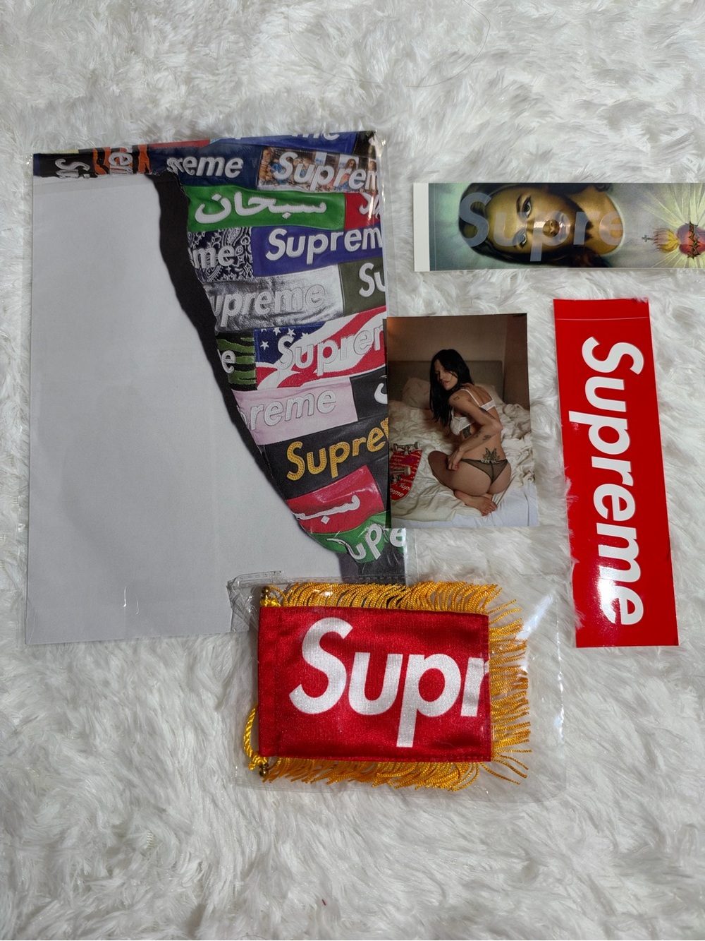NEW Supreme Accessories Bundle Red Satin Mini Pennant Flag Stickers Poster